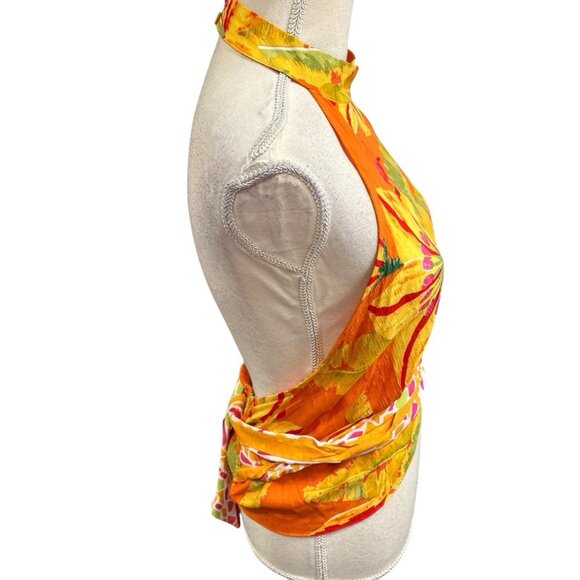 Haute Hippie Halter Top M Tropical Floral High Neck Smocked Vacation Resort - Picture 2 of 10